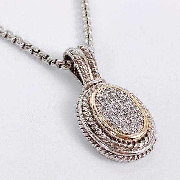 Vintage Signed Two Tone Necklace Pavé Crystal Oval Pendant Box Chain Sparkling - Picture 2 of 14